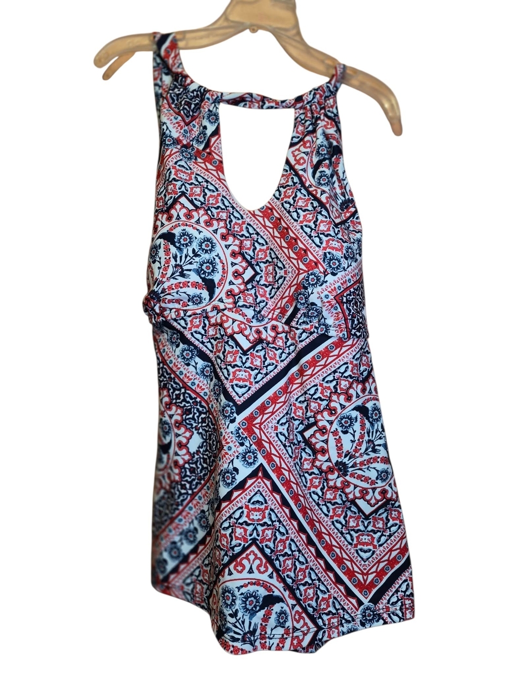 new directions Red, Navy & White Keyhole Paisley Tank